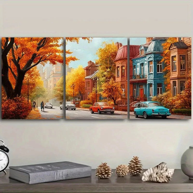 3pcs Apartment Buildings Autumn Season  Wall Art Set Canvas Framed 40x60cm - High Quality Print 100% Australian Made Wall Canvas Ready to Hang