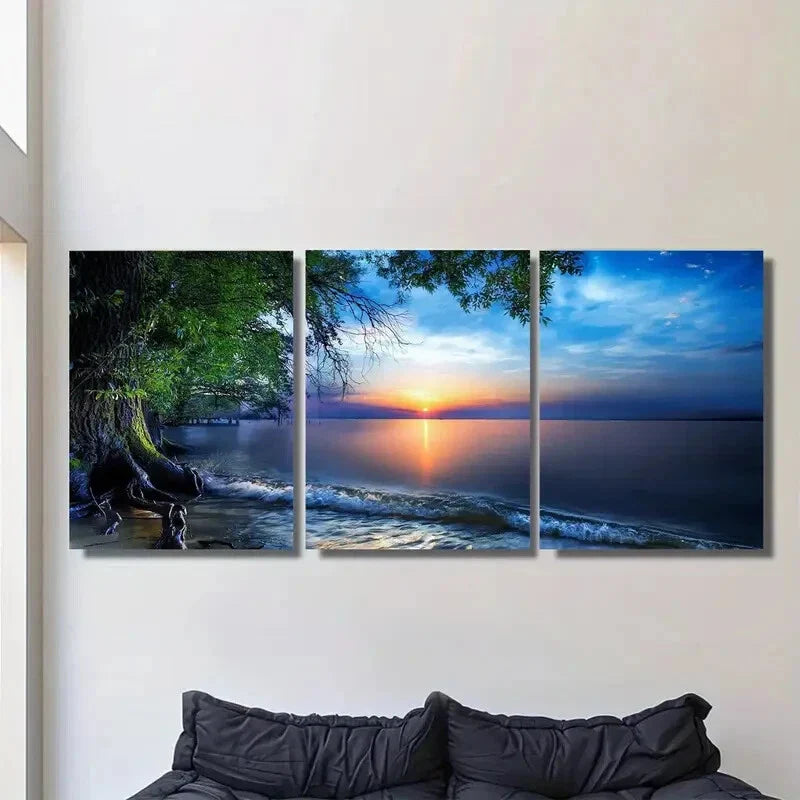 3pcs Vibrant Beach Scene with Palm Tree Metal Print Ready to Hang Art
