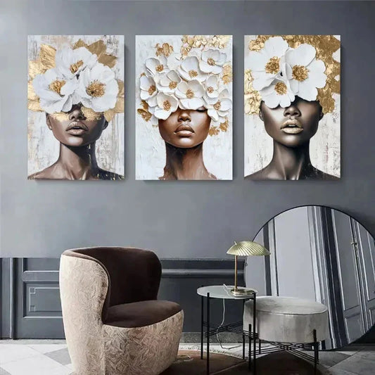 3pcs Elegant Floral Crown Woman Portrait Metal Print Ready to Hang Art