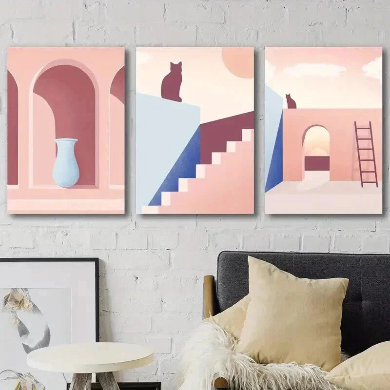 3pcs Greek Vase Mural & Cat Abstract Silhouette Wall Art Set Canvas Framed 40x60cm - High Quality Print 100% Australian Made Wall Canvas Ready to Hang