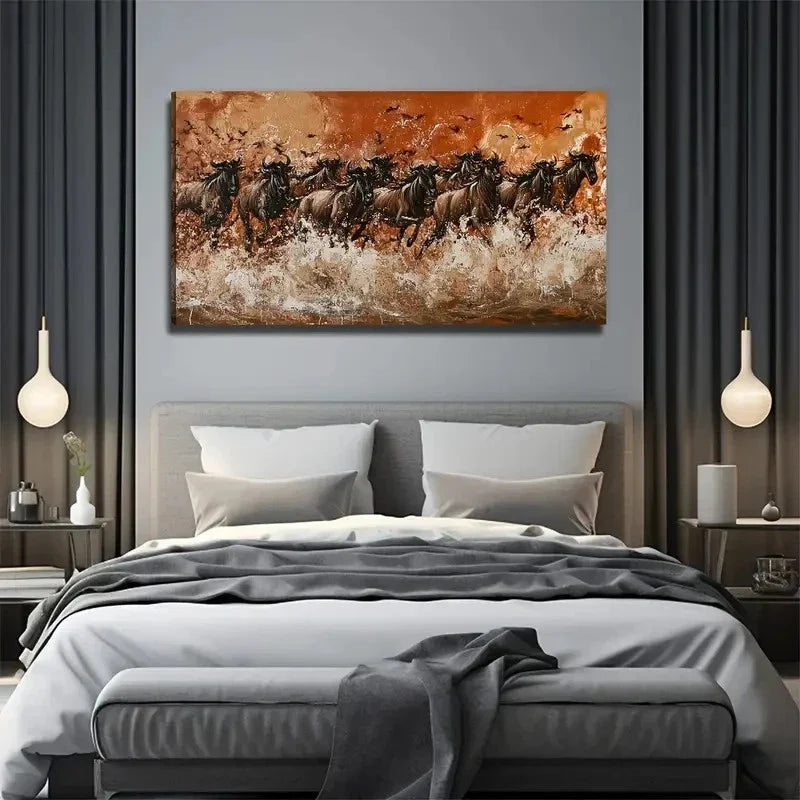 Wild Wildebeest Nature Wall Art Canvas Office Home Room Framed 120x60cm