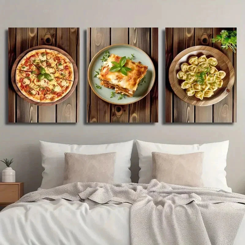 3pcs Vibrant Pizza Lasagna & Dumplings Wall Art Set Canvas Framed 40x60cm - High Quality Print 100% Australian Made Wall Canvas Ready to Hang