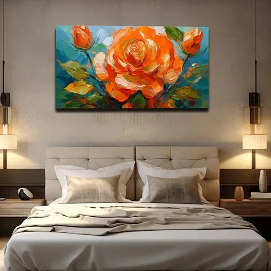 Vibrant Orange Rose Wall Art Canvas Office Home Room Framed 120x60cm