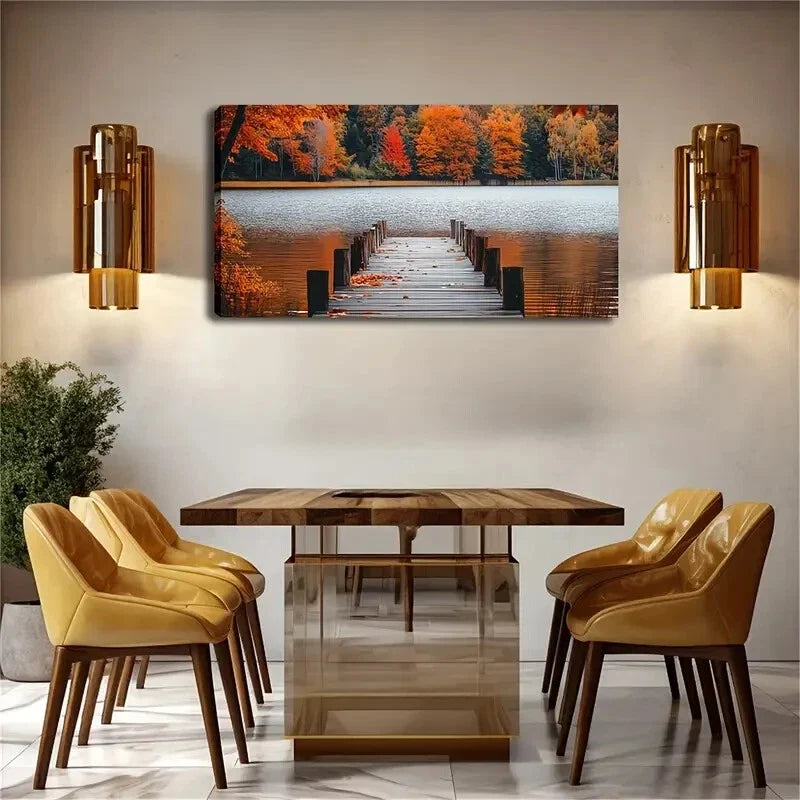 Autumn Forest Lake Bridge Décor Wall Art Canvas Office Home Room Framed 120x60cm