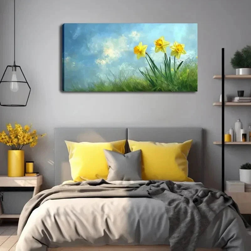 Vibrant Daffodils Lush Greenery Wall Art Canvas Office Home Room Framed 120x60cm