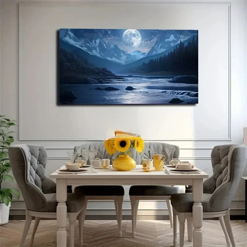 Serene Moonlit River Reflection Wall Art Canvas Office Home Room Framed 120x60cm