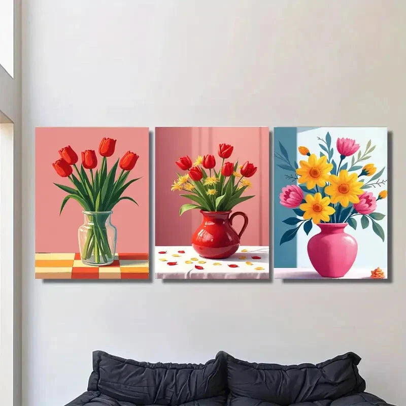 3pcs Beautiful Tulip and Sunflower Bouquet Metal Print Ready to Hang Art