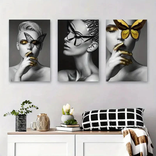 3pcs Black and White Butterfly Makeup Metal Print Ready to Hang Art