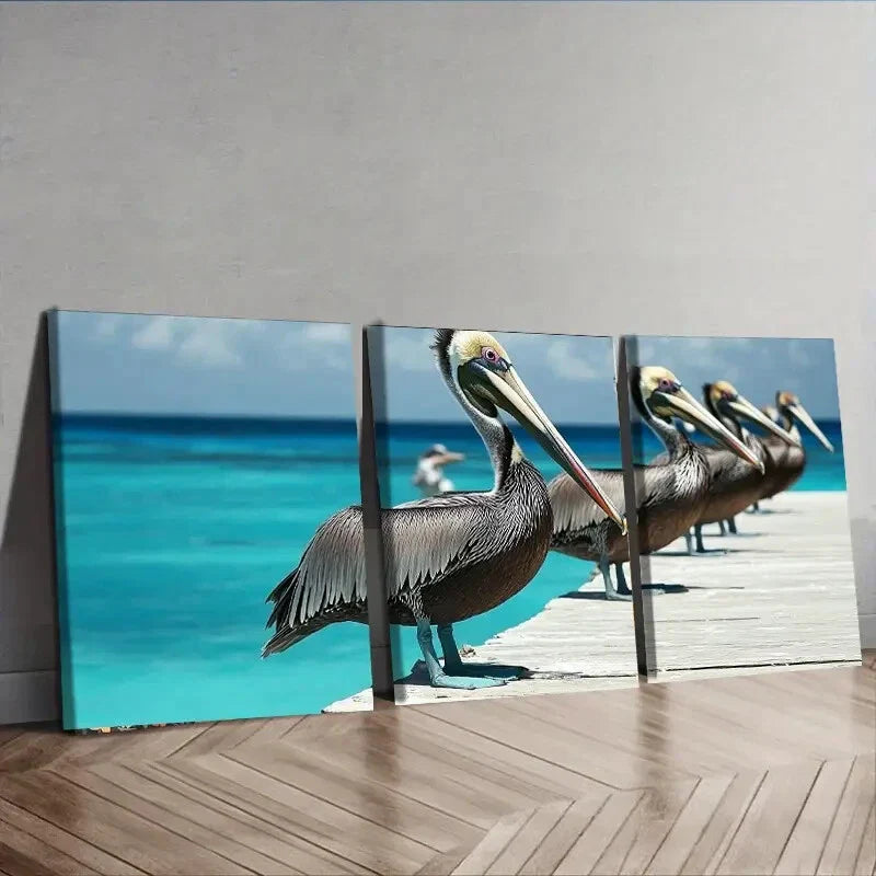 3pcs Brown Pelicans Colorful Sharpe Perfect Wall Art Set Canvas Framed 40x60cm - High Quality Print 100% Australian Made Wall Canvas Ready to Hang