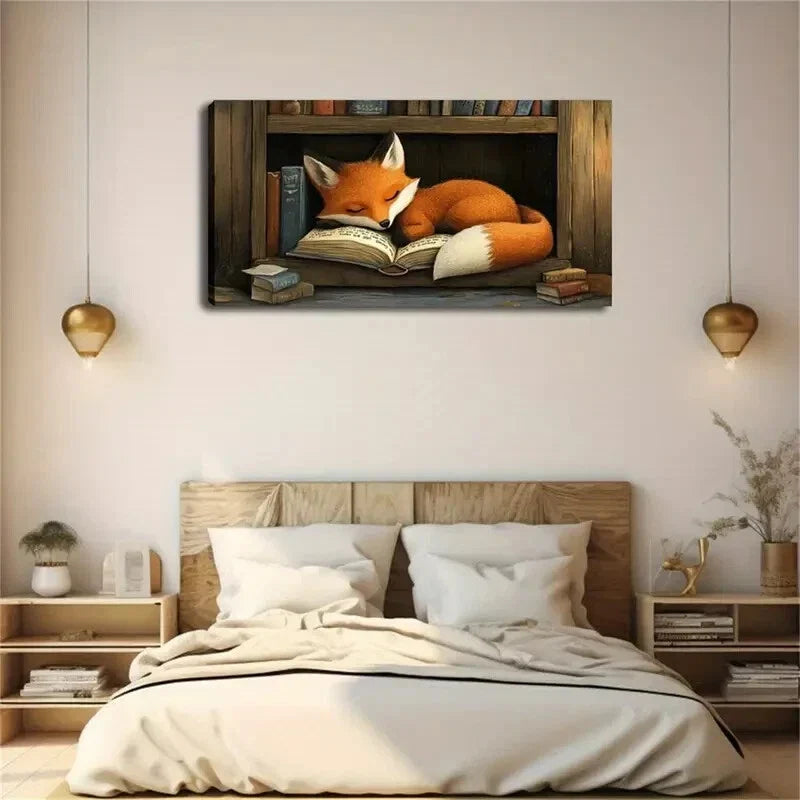 Fox Resting on Books Modern Wall Art Canvas Office Home Room Framed 120x60cm