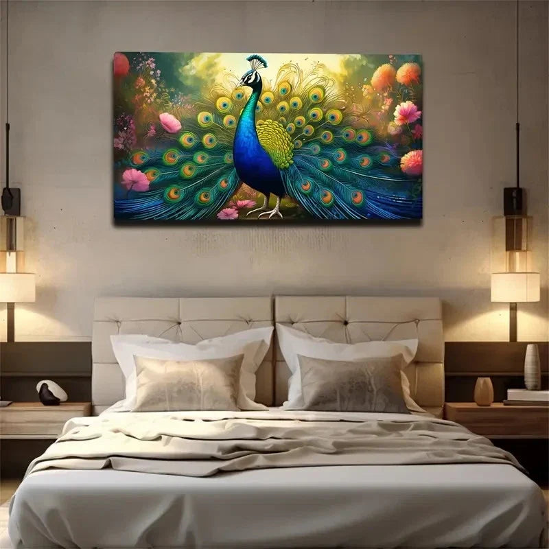 Vibrant Peacock Wall Art Canvas Office Home Room Framed 120x60cm