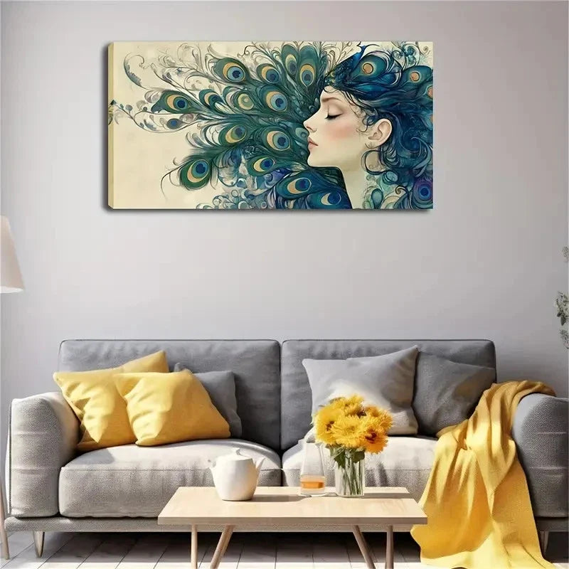 Woman's Hair And Peacock Wall Art Canvas Office Home Room Framed 120x60cm