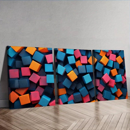 3pcs Colorful Cubes - Art Deco, Modern, Wall Art Set Canvas Framed 40x60cm - High Quality Print 100% Australian Made Wall Canvas Ready to Hang