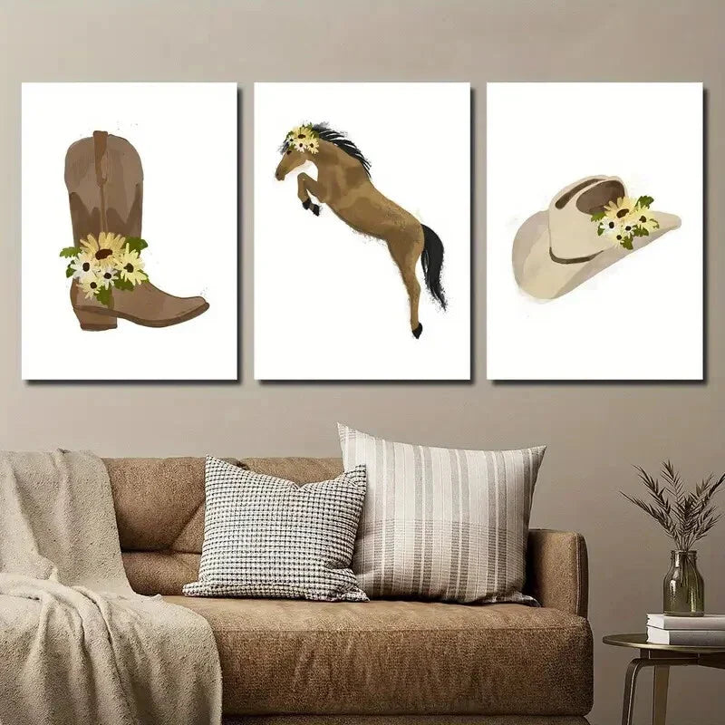 3pcs Boots Hat & Jump Horse with Yellow Flower Wall Art Set Canvas Framed 40x60cm - High Quality Print 100% Australian Made Wall Canvas Ready to Hang