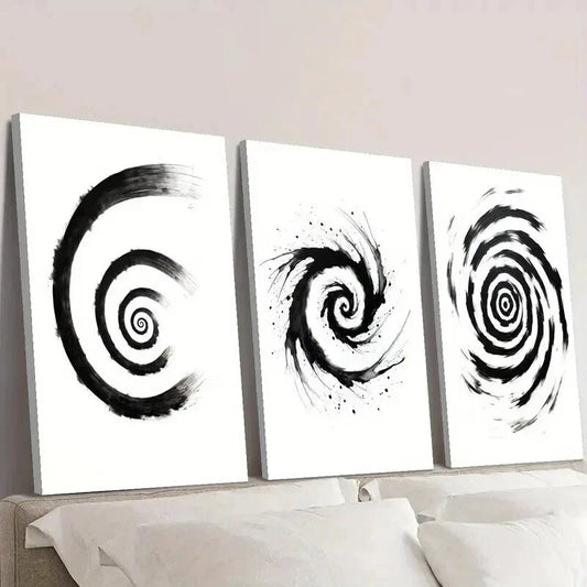 3pcs Black and White Spiral Decoration Wall Art Set Canvas Framed 40x60cm - High Quality Print 100% Australian Made Wall Canvas Ready to Hang