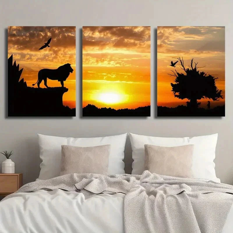 3pcs Lion Sunset & Bird Wall Art Set Canvas Framed 40x60cm - High Quality Print 100% Australian Made Wall Canvas Ready to Hang