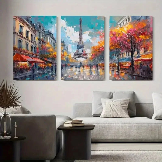 3pcs Paris Eiffel Tower Street Scene Metal Print Ready to Hang Art