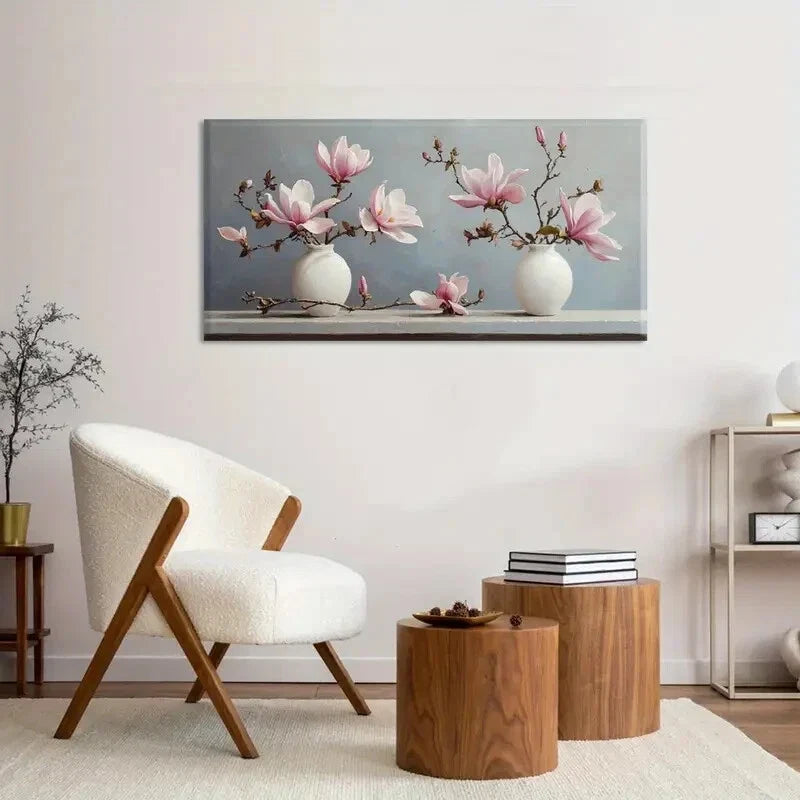 Pink Magnolia Branches in Vases Wall Art Canvas Office Home Room Framed 120x60cm
