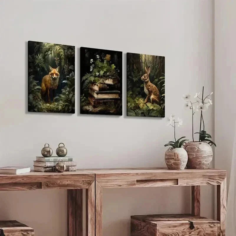 3pcs Fox Rabbit Books Rustic Farmhouse Wall Art Set Canvas Framed 40x60cm - High Quality Print 100% Australian Made Wall Canvas Ready to Hang