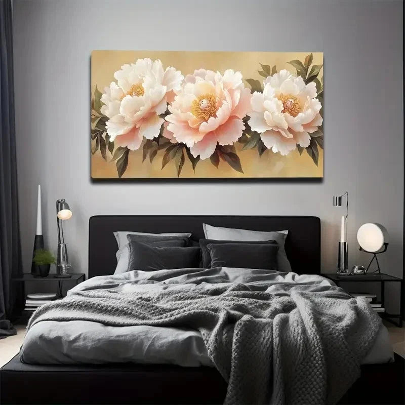 Delicately Painted Peonies Wall Art Canvas Office Home Room Framed 80x45cm