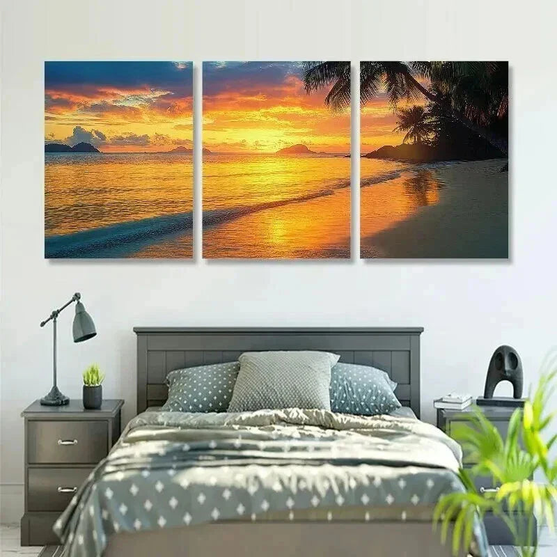 3pcs Tropical Beach Sunset with Palm Trees Wall Art Set Canvas Framed 40x60cm - High Quality Print 100% Australian Made Wall Canvas Ready to Hang