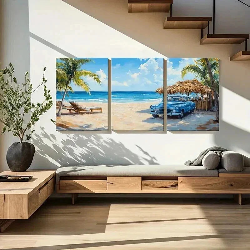 3pcs Beach Ocean Palm Trees & Vintage Car Wall Art Set Canvas Framed 40x60cm - High Quality Print 100% Australian Made Wall Canvas Ready to Hang