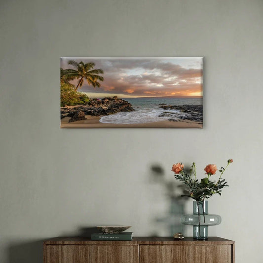 Rock Beach Palm Tree & Ocean Horizon Wall Art Canvas Office Home Framed 80x45cm