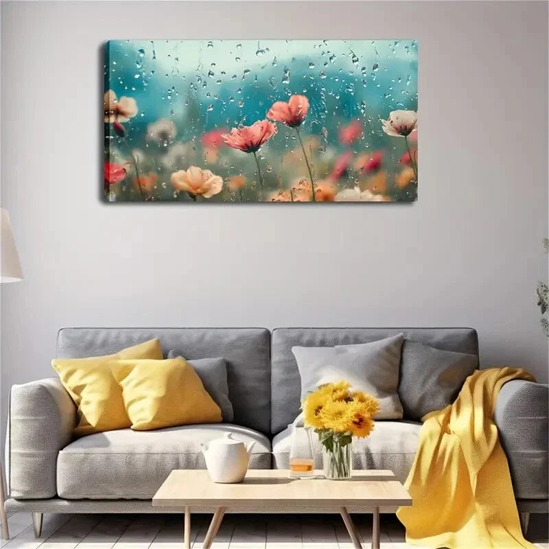 Vibrant Poppy Field Raindrops Wall Art Canvas Office Home Room Framed 120x60cm