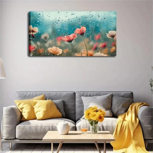 Vibrant Poppy Field Raindrops Wall Art Canvas Office Home Room Framed 120x60cm