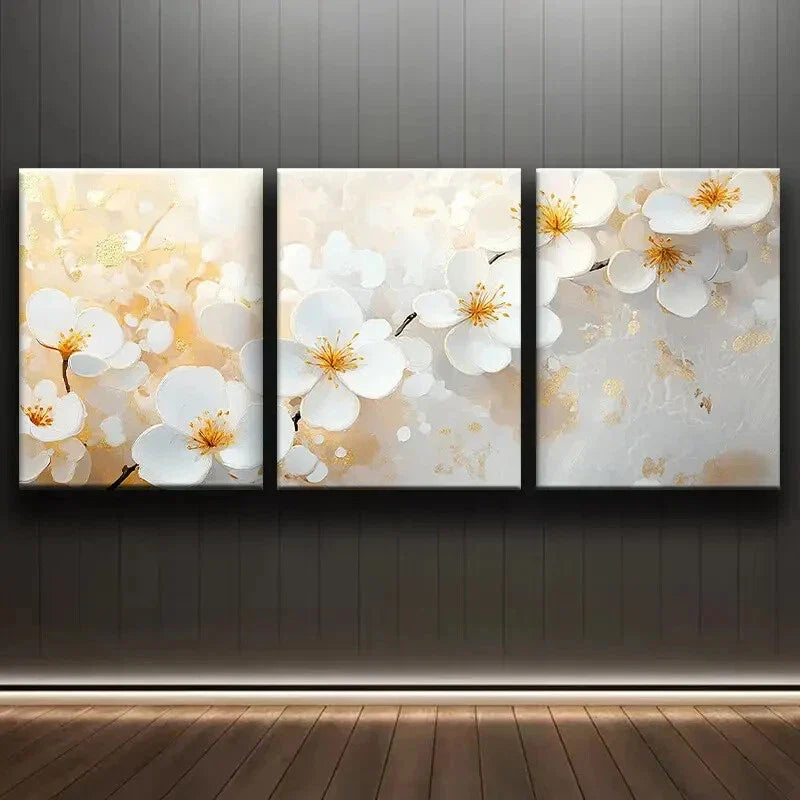 3pcs White Blossoms with Golden Nature Perfect Wall Art Set Canvas Framed 40x60cm - High Quality Print 100% Australian Made Wall Canvas Ready to Hang