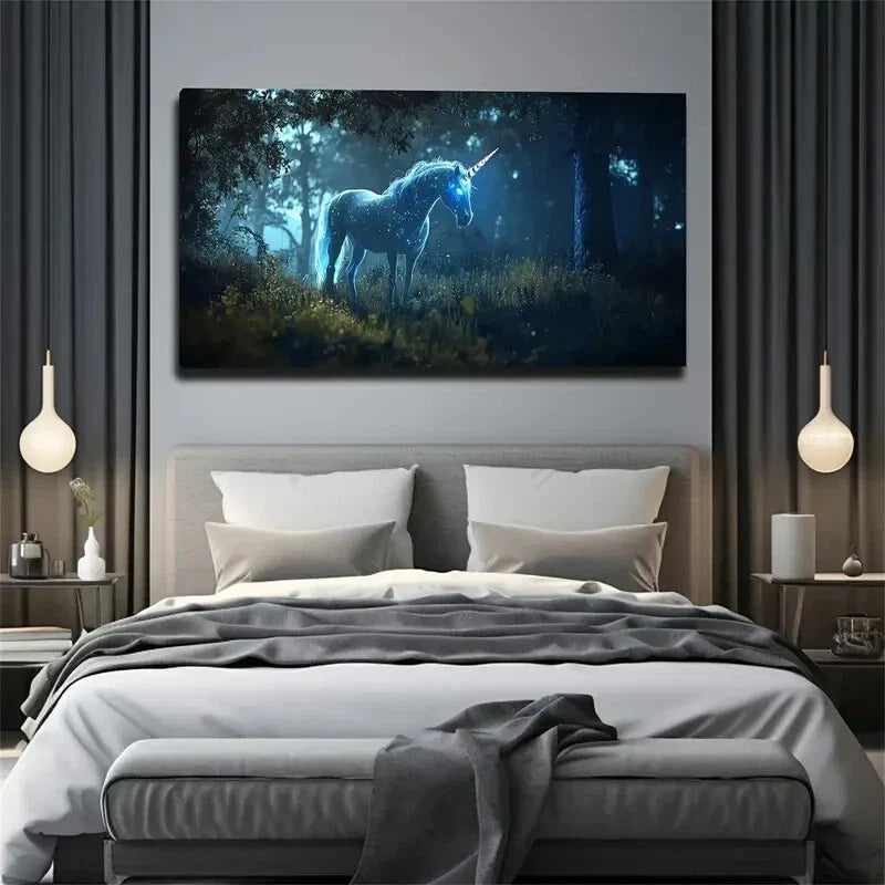 Blue Glowing Unicorn in Forest Wall Art Canvas Office Home Room Framed 120x60cm