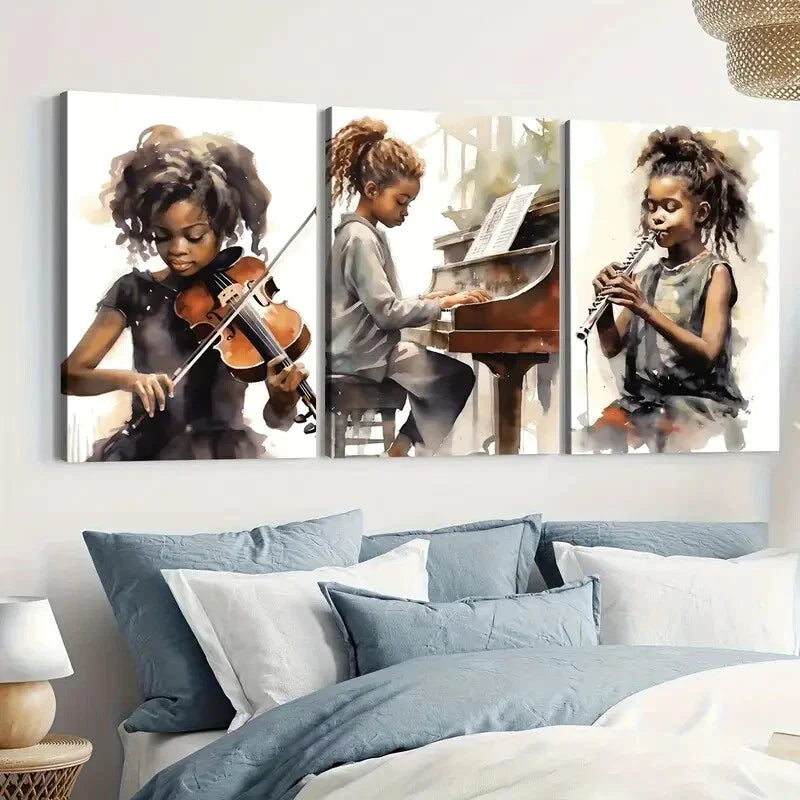 3pcs Black African American Girl Musical Instruments Wall Art Set Canvas Framed 40x60cm - High Quality Print 100% Australian Made Wall Canvas Ready to Hang