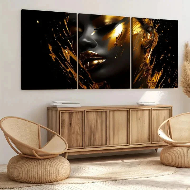 3pcs Modern Art Beautiful Golden Lips and Eyes Wall Art Set Canvas Framed 40x60cm - High Quality Print 100% Australian Made Wall Canvas Ready to Hang