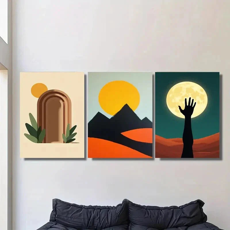 3pcs Modern Abstract Sunset, Mountains & Moon Metal Print Ready to Hang Art