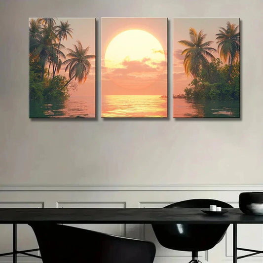 3pcs Sunset on A Tropical Beach with Palm Trees Metal Print Ready to Hang Art
