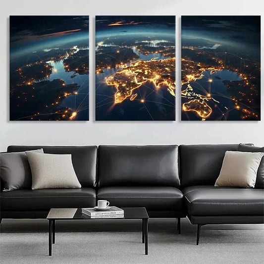 3pcs Connections with Illuminated Cities Perfect Wall Art Set Canvas Framed 40x60cm - High Quality Print 100% Australian Made Wall Canvas Ready to Hang
