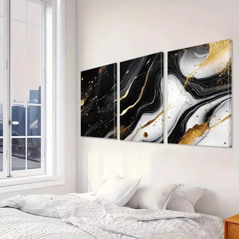 3pcs Black And Gold Aesthetic Veins Marble Wall Art Set Canvas Framed 40x60cm - High Quality Print 100% Australian Made Wall Canvas Ready to Hang