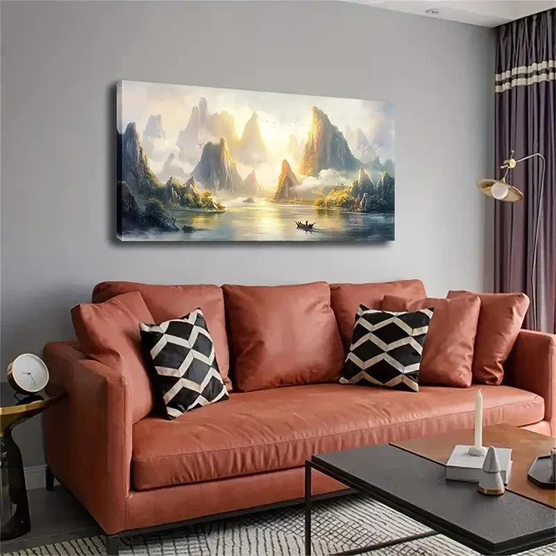 Warm Sunlight Mountain Lake Wall Art Canvas Office Home Room Framed 120x60cm