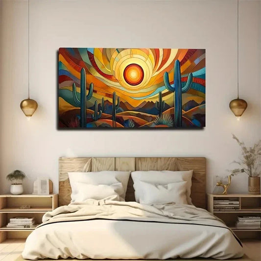 Vibrant Desert Sunset Cactus Wall Art Canvas Office Home Room Framed 120x60cm