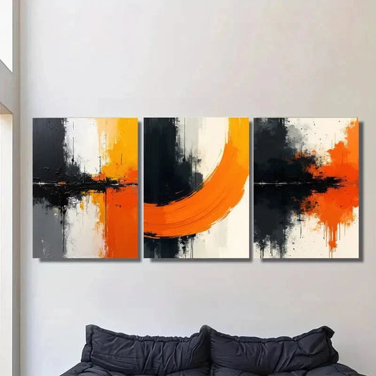 3pcs Bold Orange & Black Modern Abstract Metal Print Ready to Hang Art