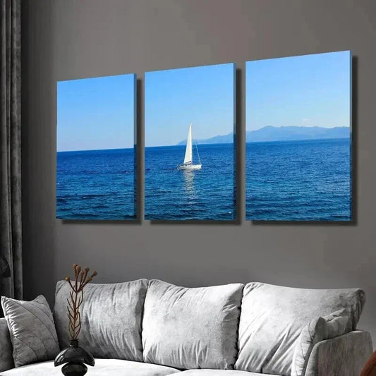 3pcs Sailing Boat in the Blue Sea Wall Art Set Canvas Framed 40x60cm - High Quality Print 100% Australian Made Wall Canvas Ready to Hang