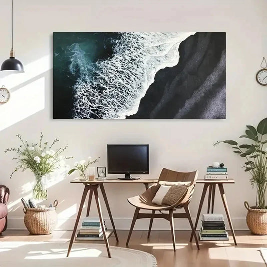 Black Sand Beach Sea Wave Wall Art Canvas Office Home Room Framed 80x45cm