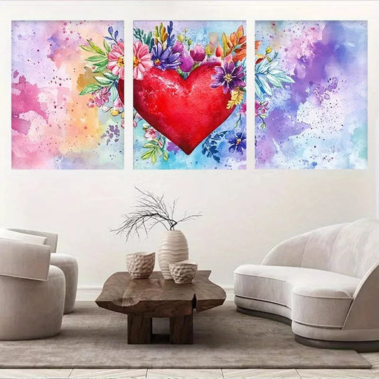 3pcs Vibrant Abstract Floral Heart Canvas Wall Art Set Canvas Framed 40x60cm - High Quality Print 100% Australian Made Wall Canvas Ready to Hang