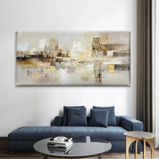 Abstract City Golden & Neutral Wall Art Canvas Office Home Room Framed 80x45cm