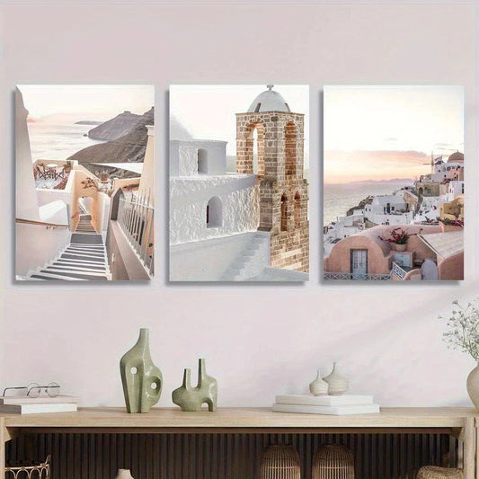 3pcs Santorini Beige Seaside Scenery Metal Print Ready to Hang Art