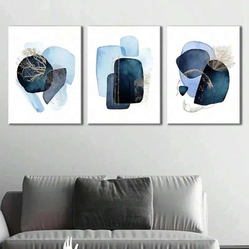 3pcs Black & Blue Abstract Geometric Shapes Wall Art Set Canvas Framed 40x60cm - High Quality Print 100% Australian Made Wall Canvas Ready to Hang
