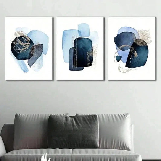 3pcs Black & Blue Abstract Geometric Shapes Wall Art Set Canvas Framed 40x60cm - High Quality Print 100% Australian Made Wall Canvas Ready to Hang