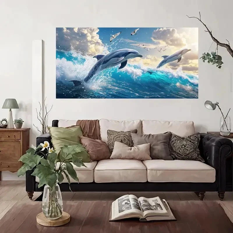 Dolphins Ocean Enjoy Wall Art Canvas Office Home Room Framed 80x45cm