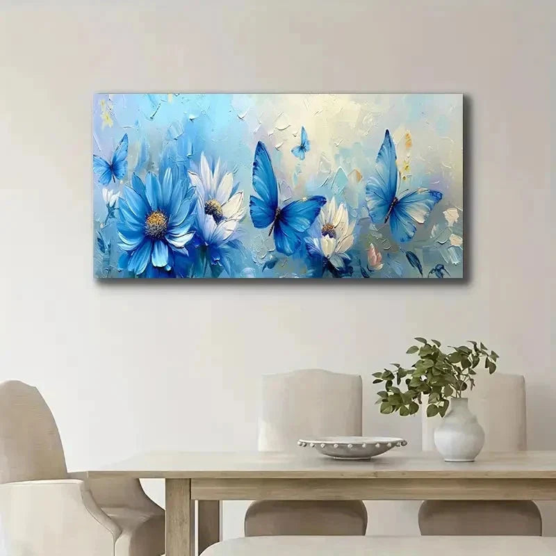 Blue Flower Butterfly Fashion Wall Art Canvas Office Home Room Framed 80x45cm