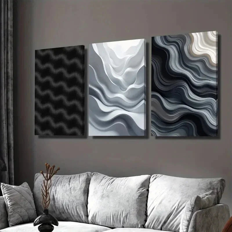 3pcs Modern Abstract Wave Art Black, White Wall Art Set Canvas Framed 40x60cm - High Quality Print 100% Australian Made Wall Canvas Ready to Hang
